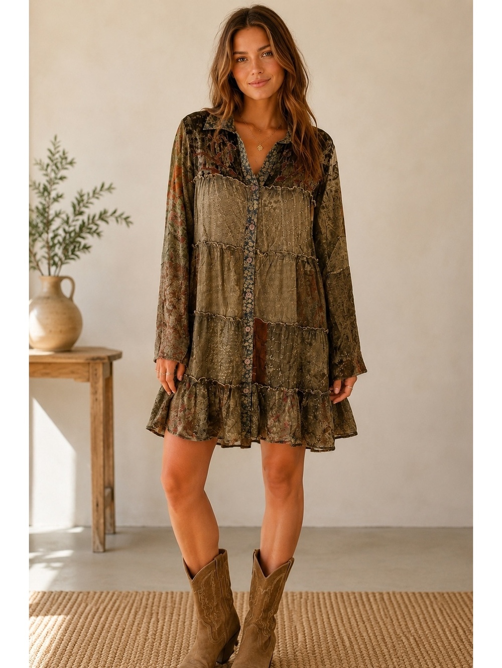 YOUNG THREADS Artisan Embroidered Patchwork Jhabla Shirt Dress Amber NWT Large - Picture 4 of 6